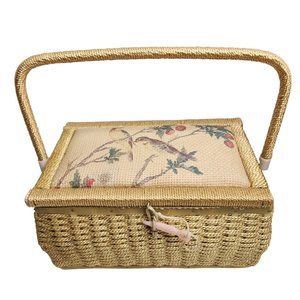 Vintage Bird Print Woven Sewing Basket Japan Large Mustard Yellow Lining